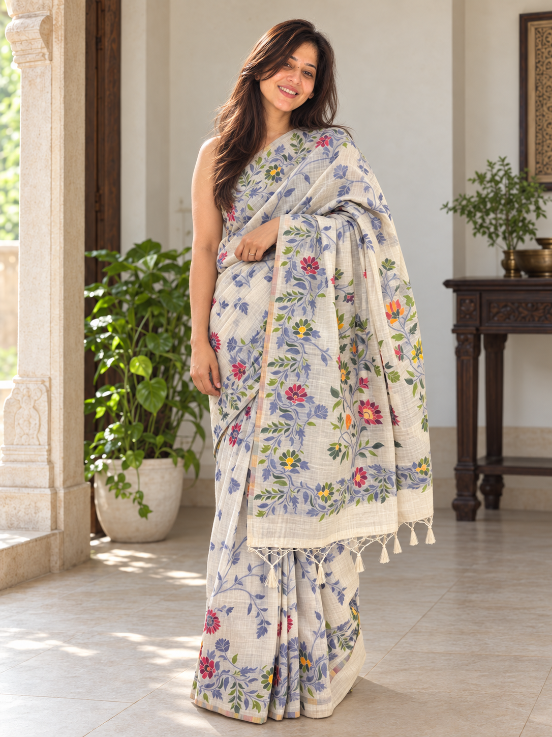 Front view of ivory cotton saree with blue vines and multicolour flowers