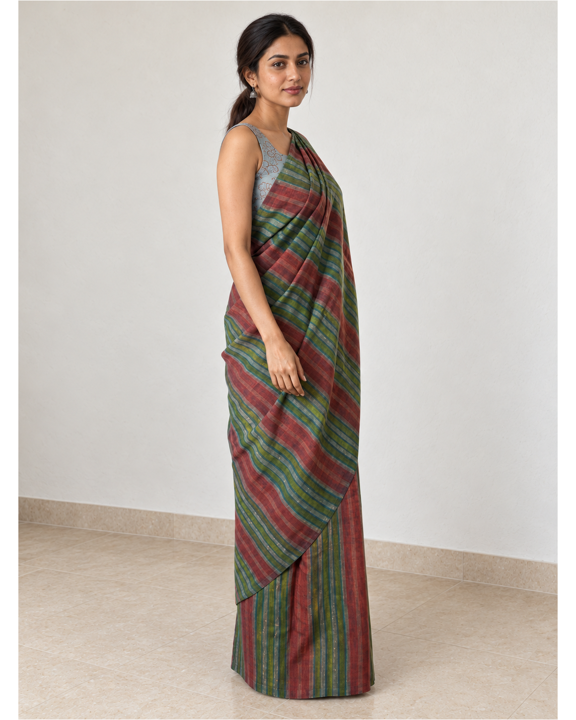 Striped Tussar–Silk Modal saree, side drape