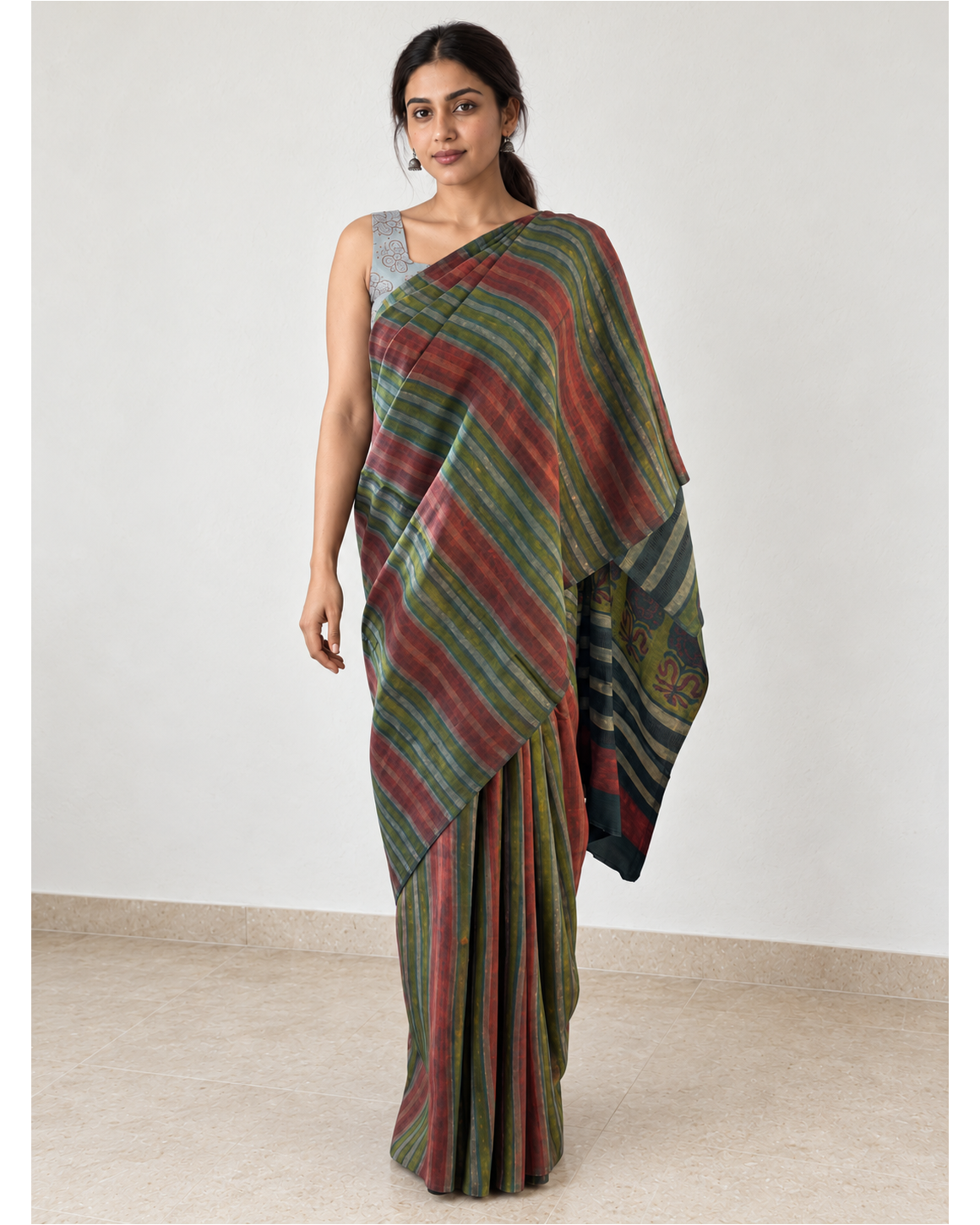Striped Tussar–Silk Modal saree, open-pallu styling