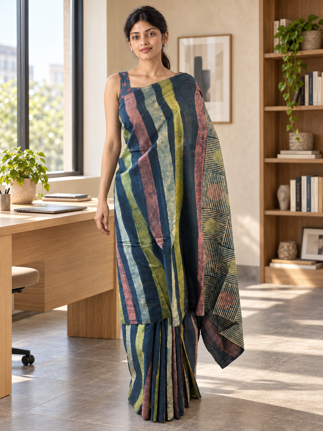 Rekhika saree in a workspace,