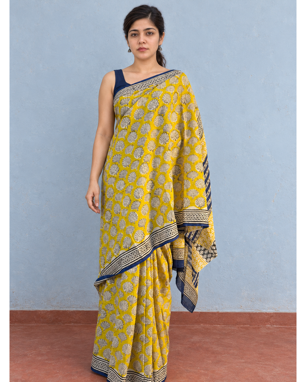Amaltas mustard-yellow and navy mulmul saree, alternate front