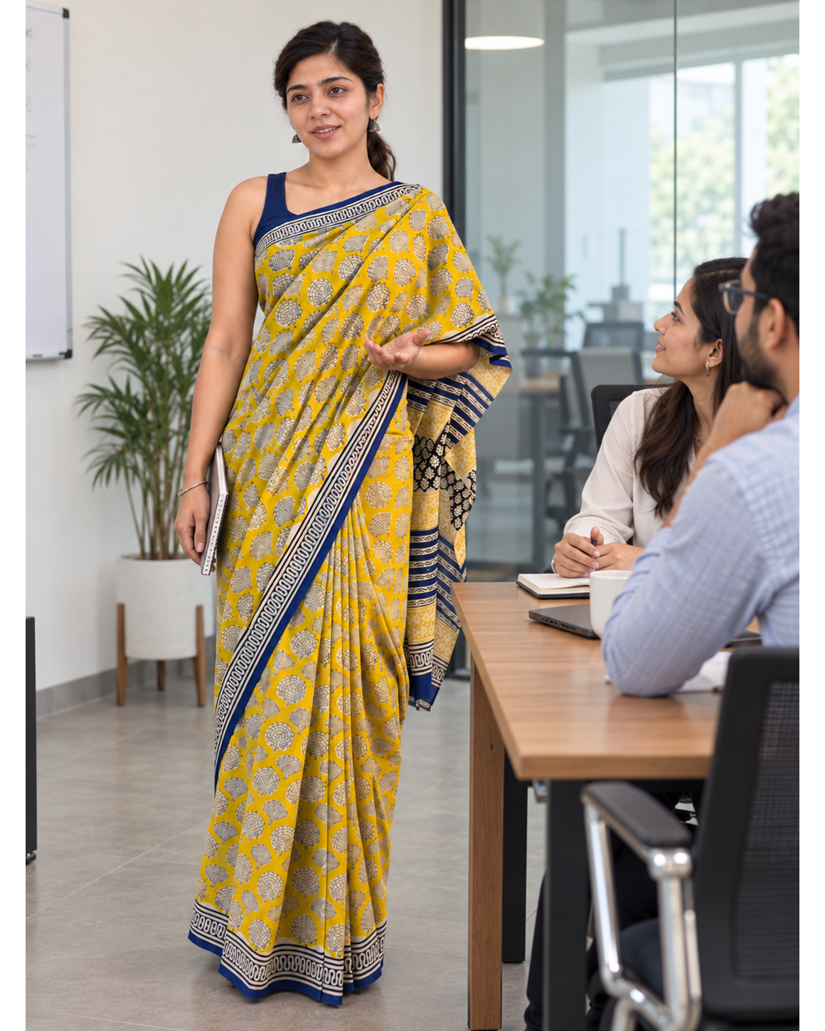 Amaltas yellow and navy motif mulmul saree worn in an office meeting