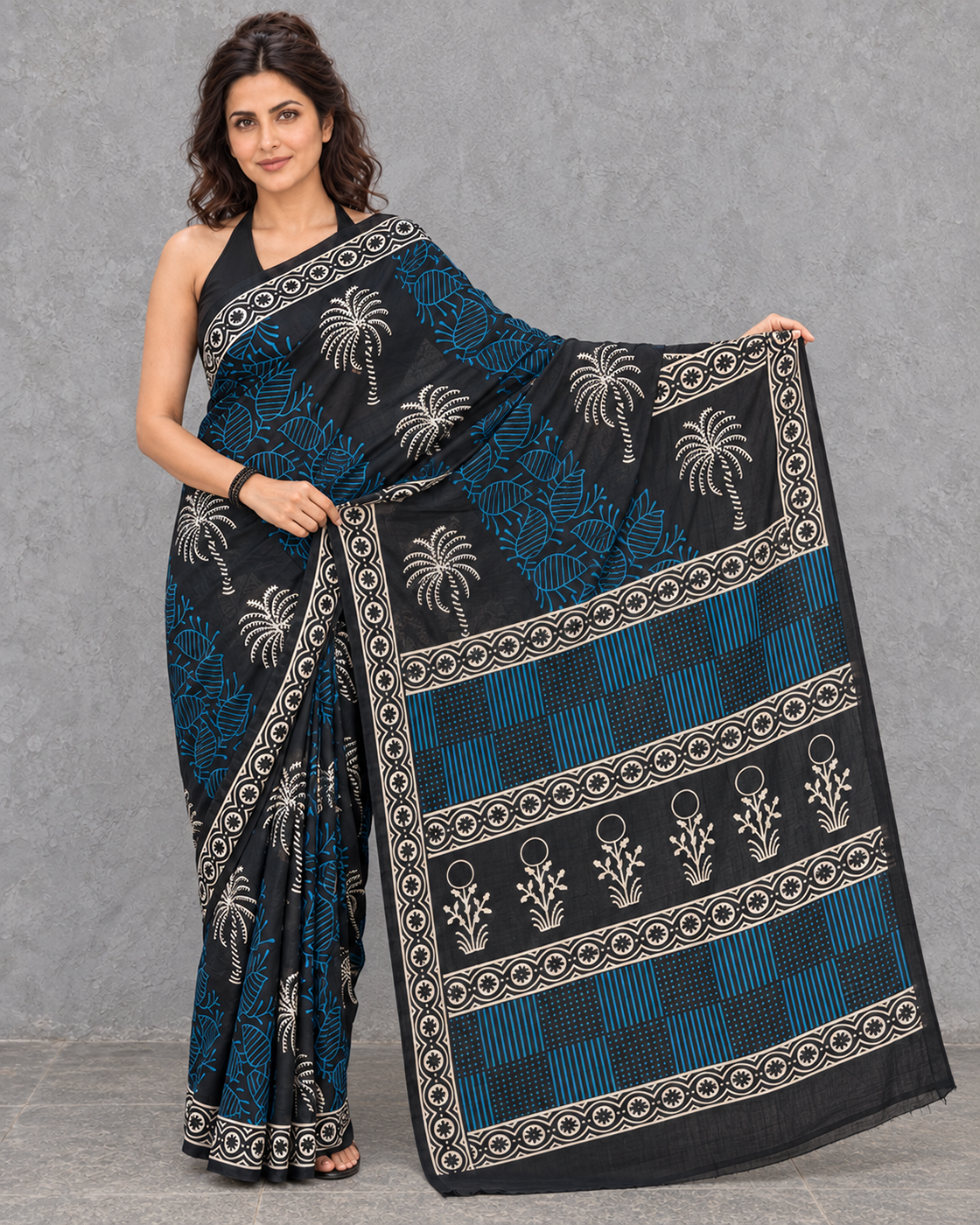 Neelvan black and blue mulmul saree, open pallu