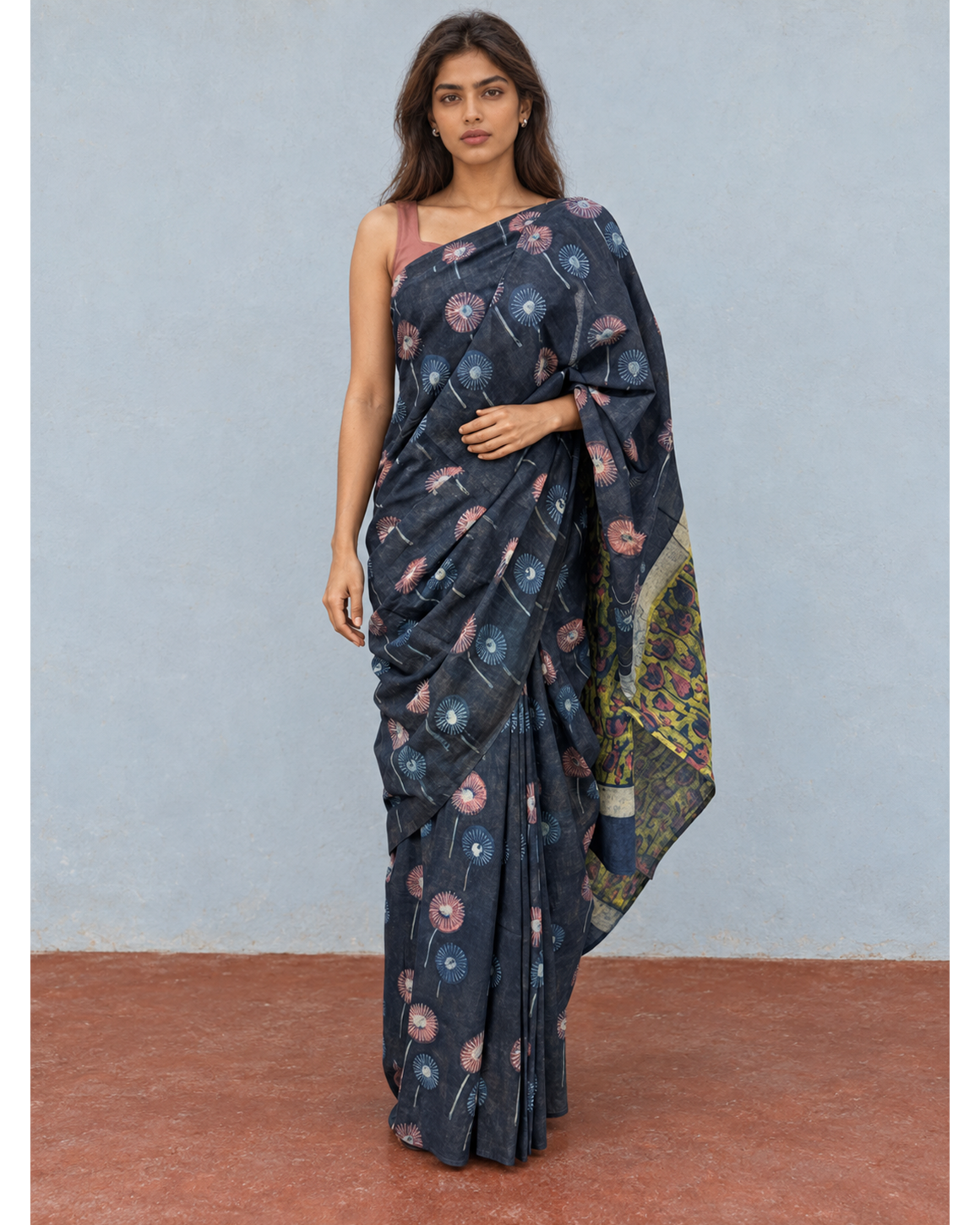 Saanjh charcoal floral Bagru cotton saree, alternate front