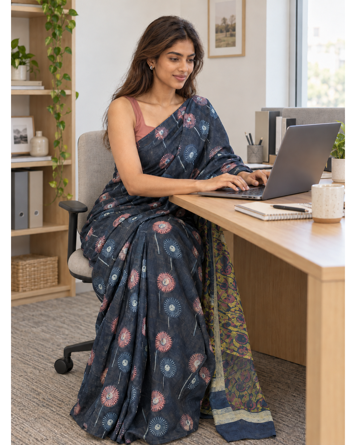 Saanjh charcoal floral Bagru cotton saree, seated laptop office