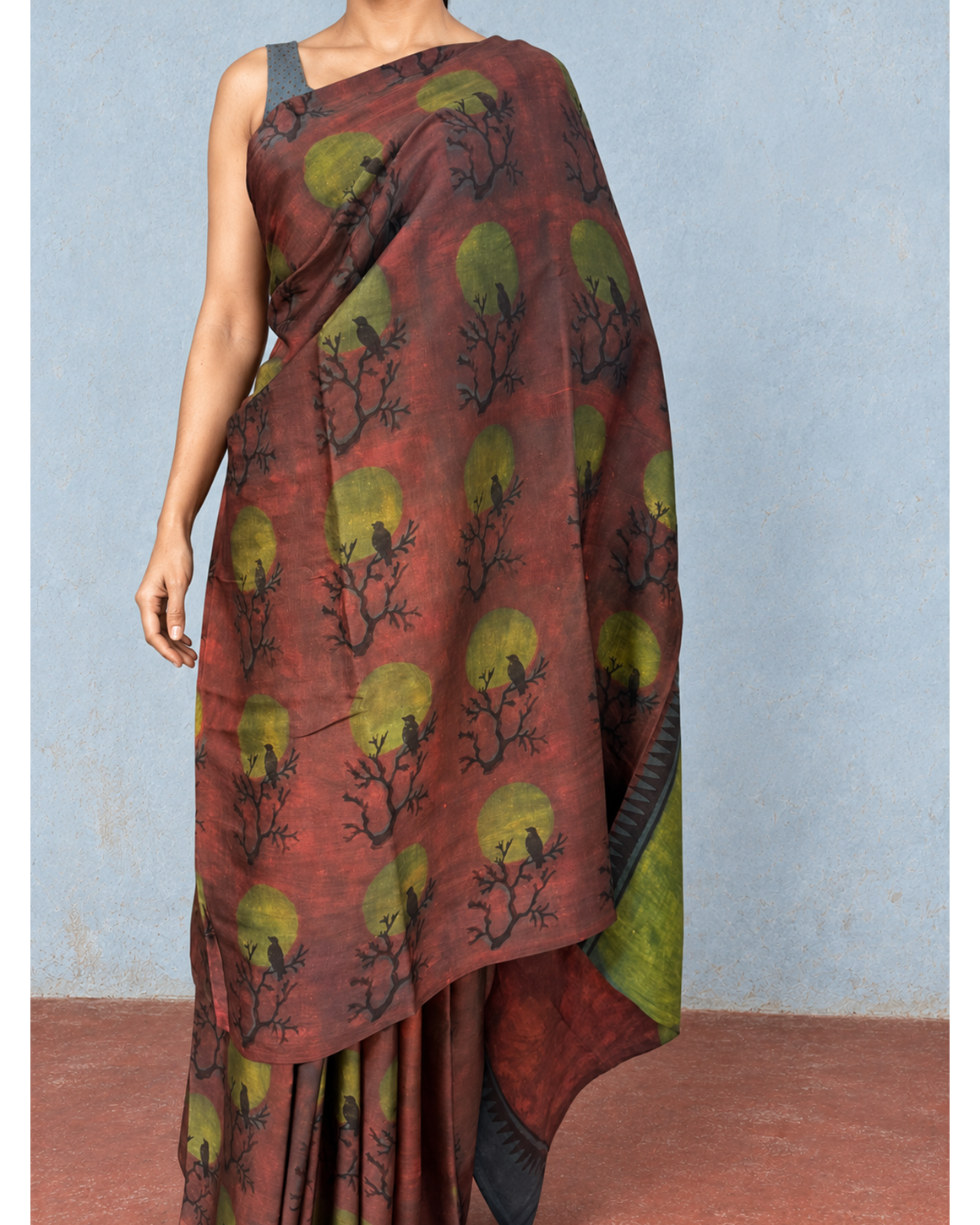 Vanraaga rust and olive Tussar–Modal silk saree, bird and branch motif detail