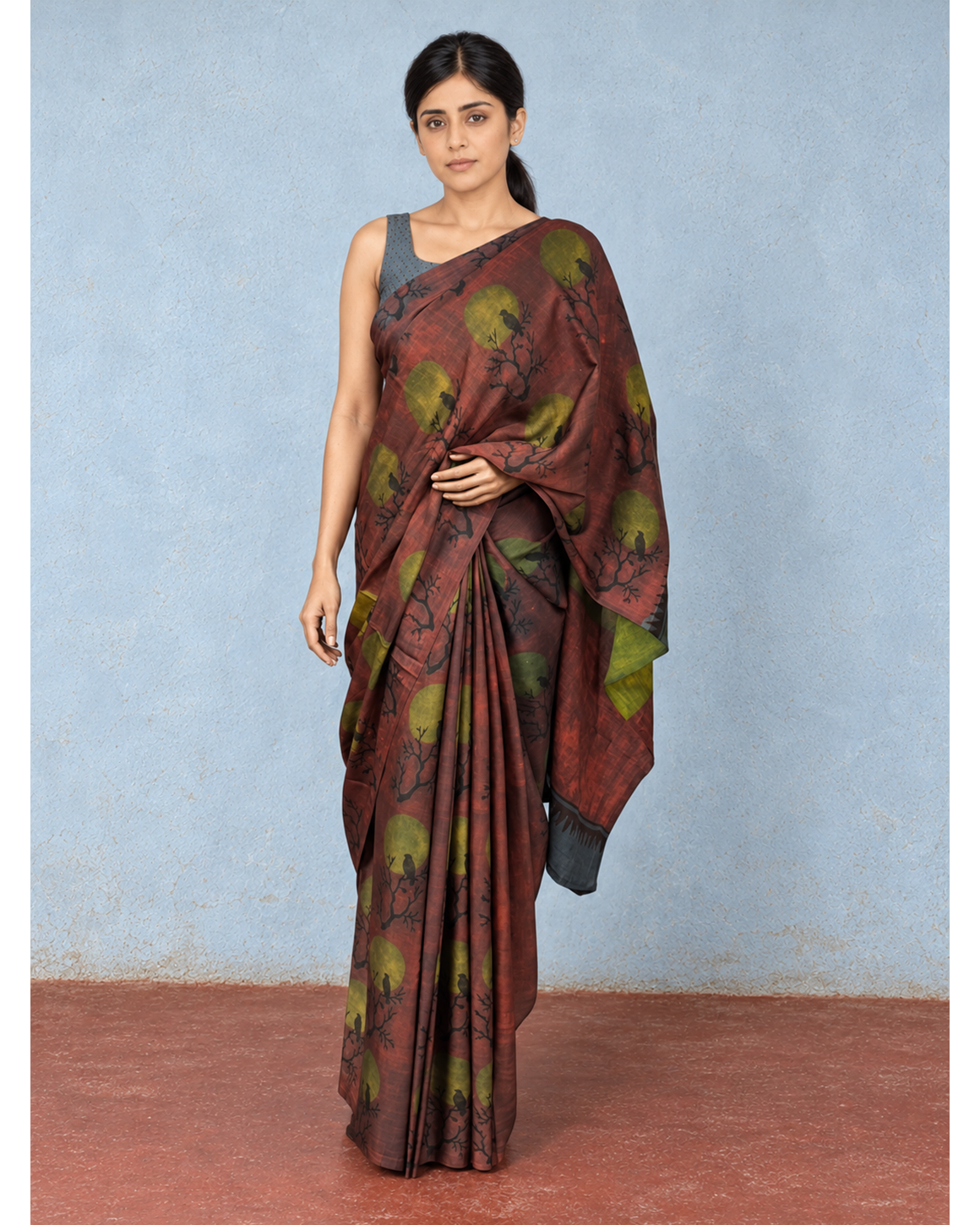 Vanraaga rust and olive Tussar–Modal silk saree, alternate front