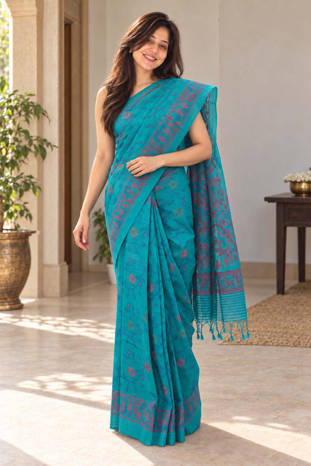 Front view of turquoise cotton saree with floral vines and pink border
