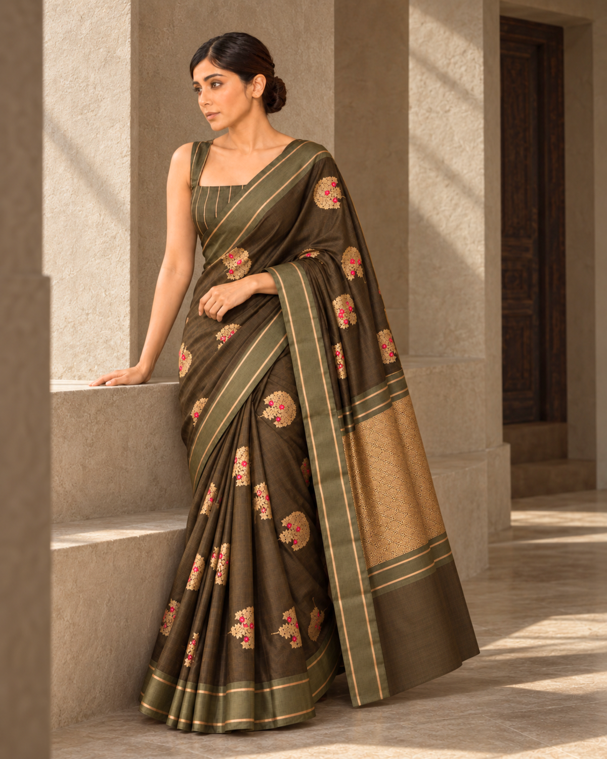Zaitoon olive-brown saree border and pallu