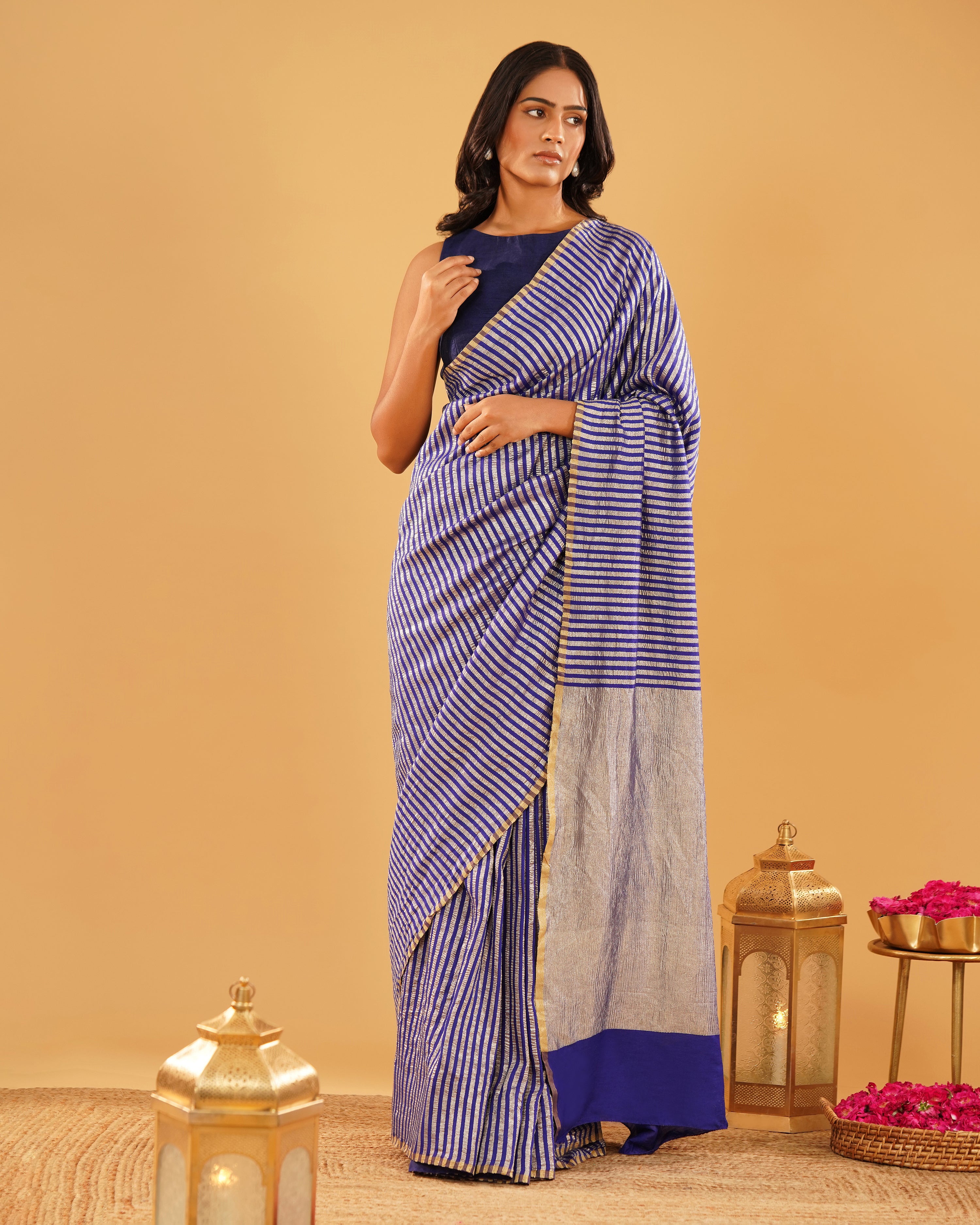 Neeloffer – Banarasi Tissue Silk Saree in Royal Blue with Gold Zari Stripes