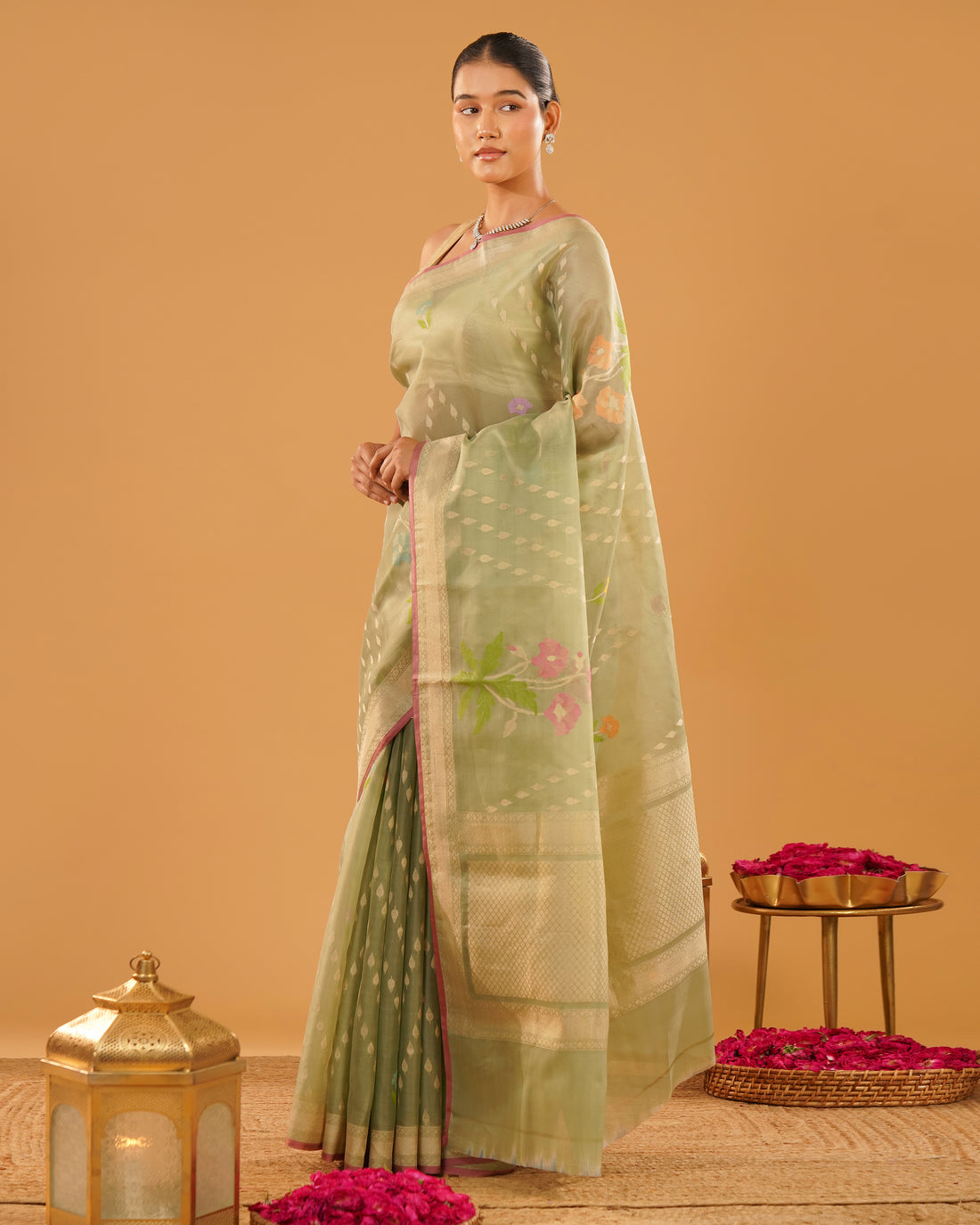 Sabznaz – Banarasi Kora Jamdani Saree in Sage Green with Gold Zari Border