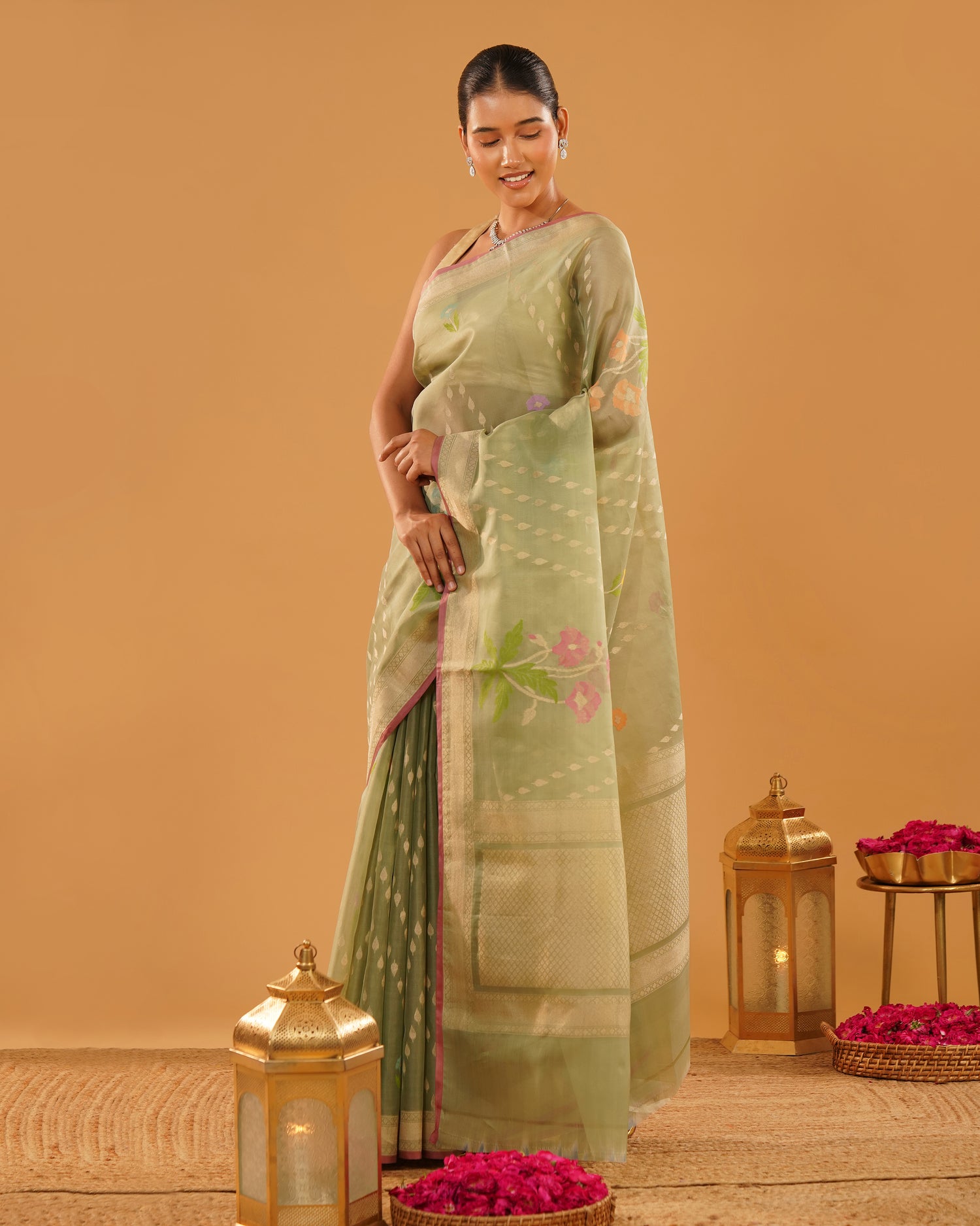 Sabznaz – Banarasi Kora Jamdani Saree in Sage Green with Gold Zari Border