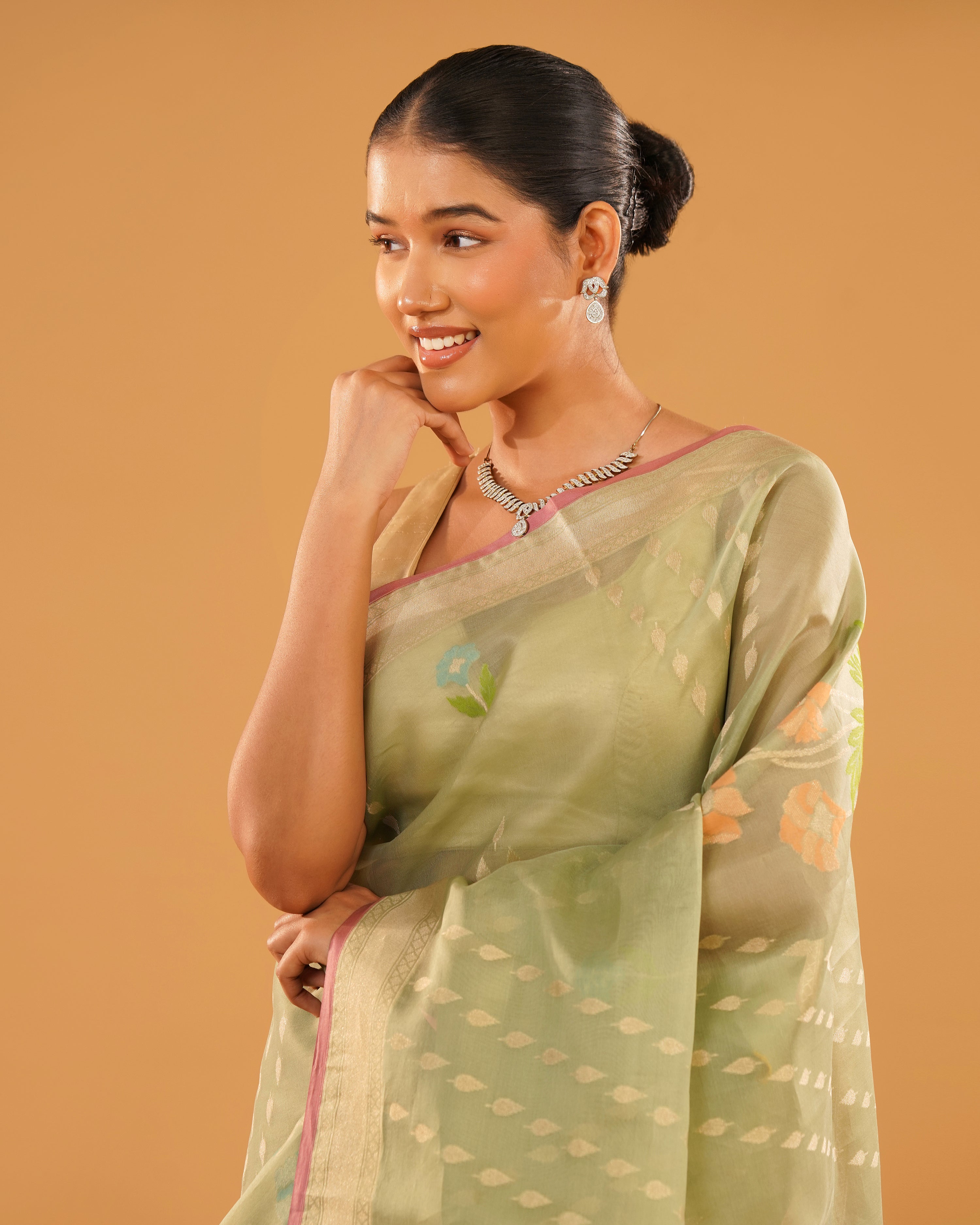 Sabznaz – Banarasi Kora Jamdani Saree in Sage Green with Gold Zari Border