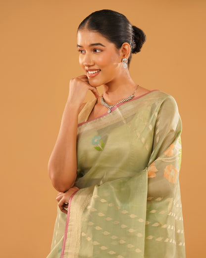Sabznaz – Banarasi Kora Jamdani Saree in Sage Green with Gold Zari Border
