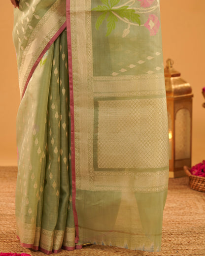 Sabznaz – Banarasi Kora Jamdani Saree in Sage Green with Gold Zari Border