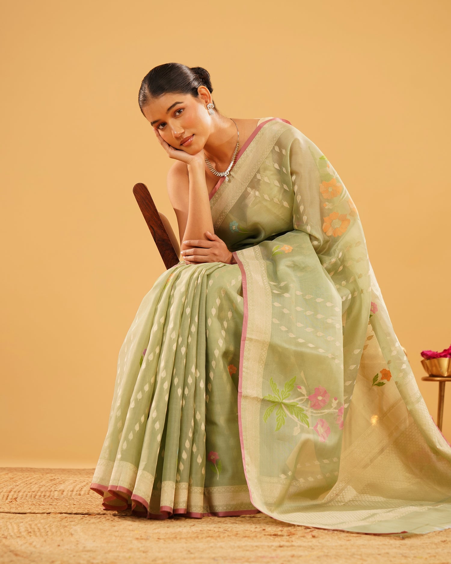 Sabznaz – Banarasi Kora Jamdani Saree in Sage Green with Gold Zari Border