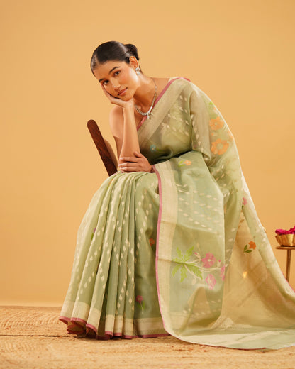 Sabznaz – Banarasi Kora Jamdani Saree in Sage Green with Gold Zari Border