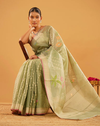 Sabznaz – Banarasi Kora Jamdani Saree in Sage Green with Gold Zari Border
