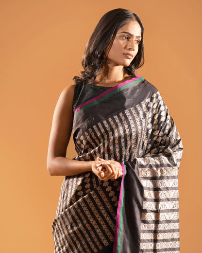 Laila – Banarasi Pure Silk Saree in Black with Sona-Rupa Zari
