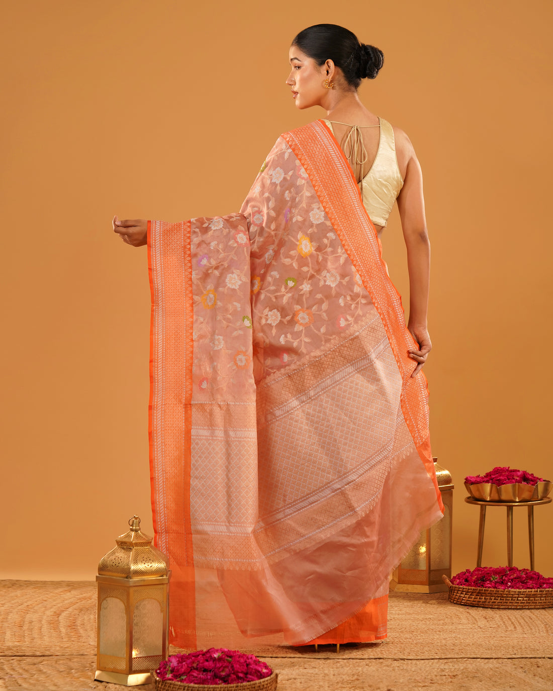 Naranji – Banarasi Kora Jamdani Saree in Peach Coral with Orange-Gold Border