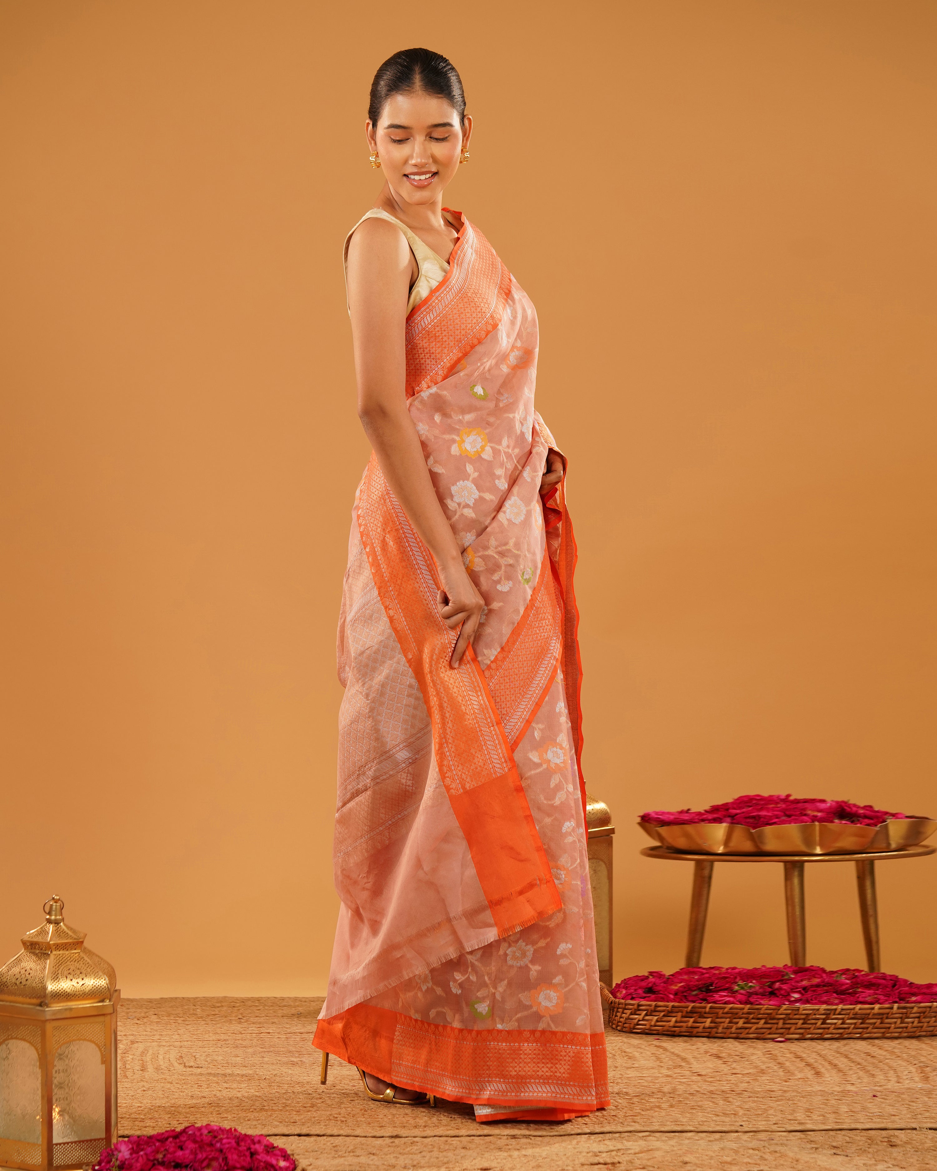 Naranji – Banarasi Kora Jamdani Saree in Peach Coral with Orange-Gold Border