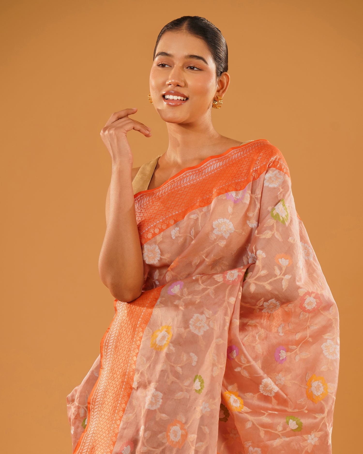 Naranji – Banarasi Kora Jamdani Saree in Peach Coral with Orange-Gold Border