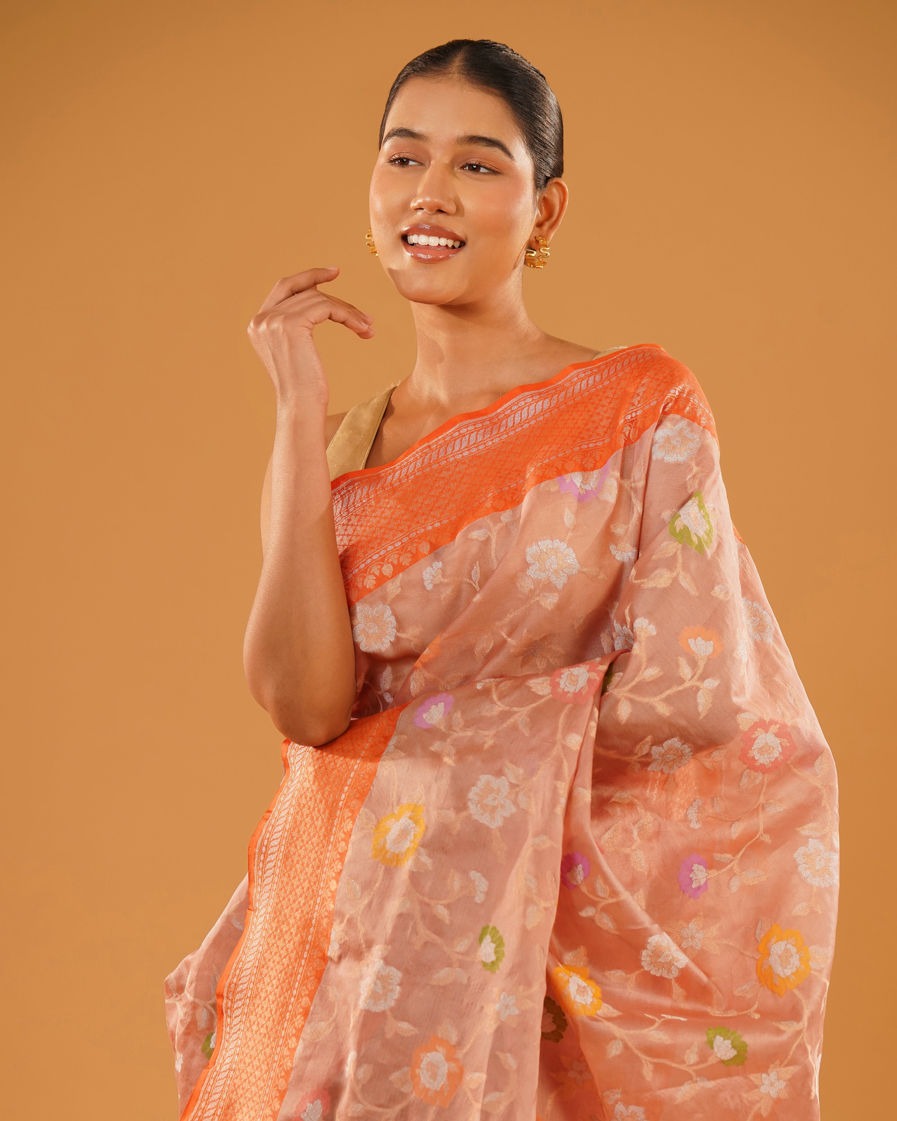 Naranji – Banarasi Kora Jamdani Saree in Peach Coral with Orange-Gold Border