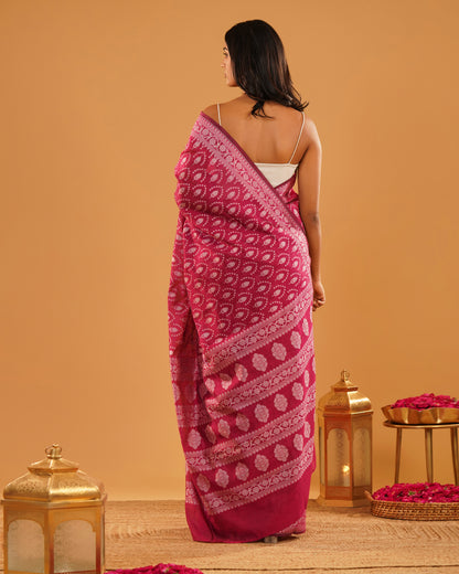 Gulnar – Banarasi Pure Cotton Saree in Rani Pink with Silver Resham Buti