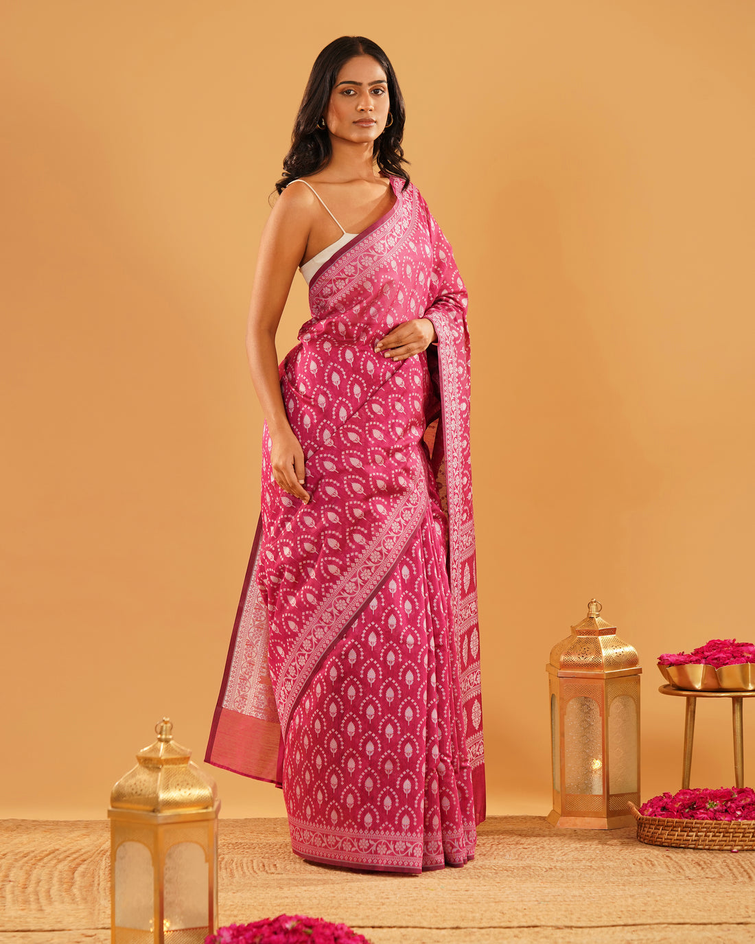 Gulnar – Banarasi Pure Cotton Saree in Rani Pink with Silver Resham Buti