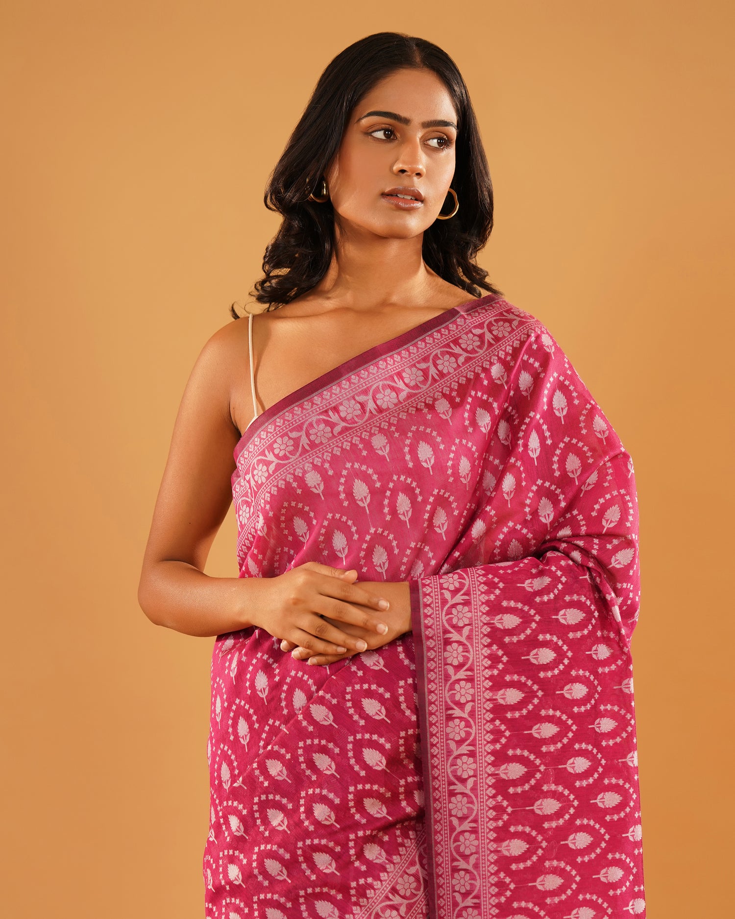 Gulnar – Banarasi Pure Cotton Saree in Rani Pink with Silver Resham Buti
