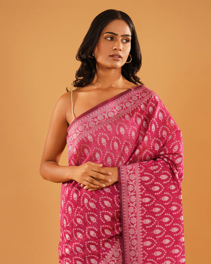 Gulnar – Banarasi Pure Cotton Saree in Rani Pink with Silver Resham Buti