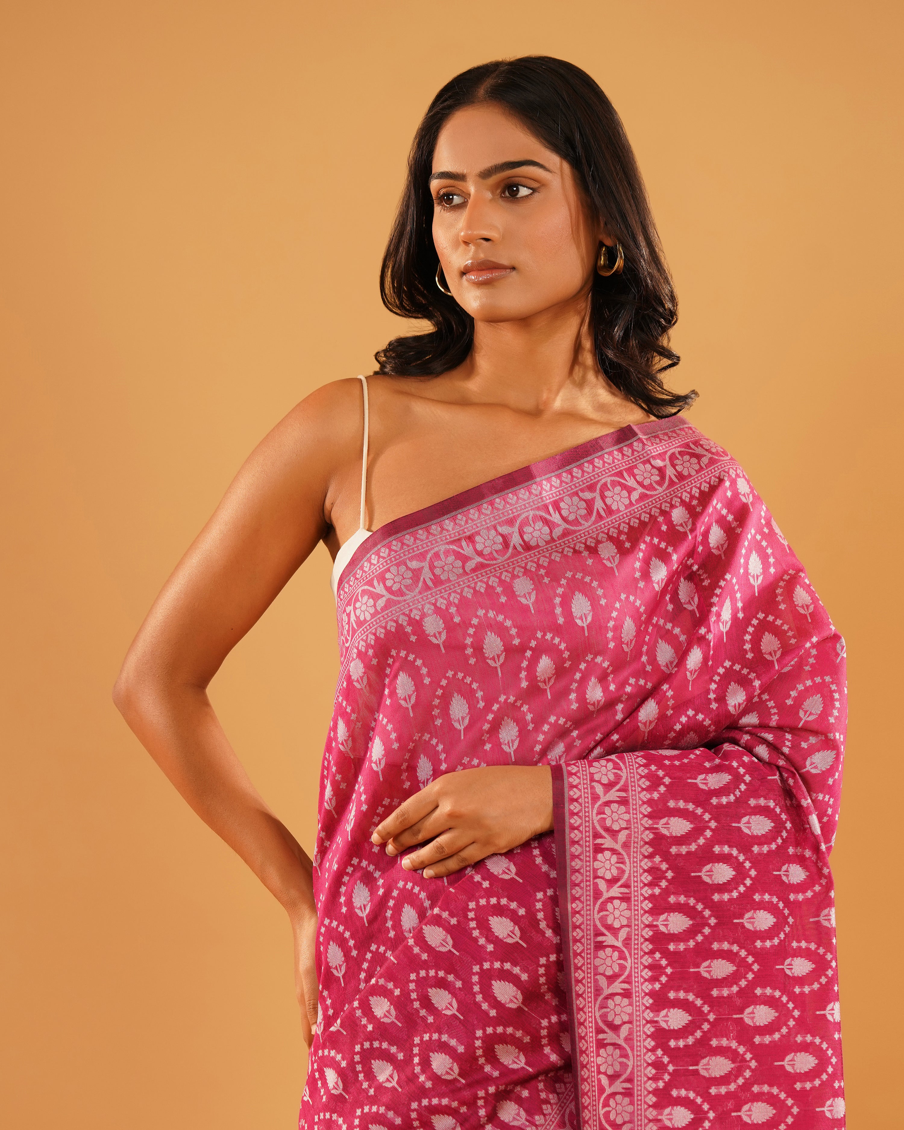 Gulnar – Banarasi Pure Cotton Saree in Rani Pink with Silver Resham Buti