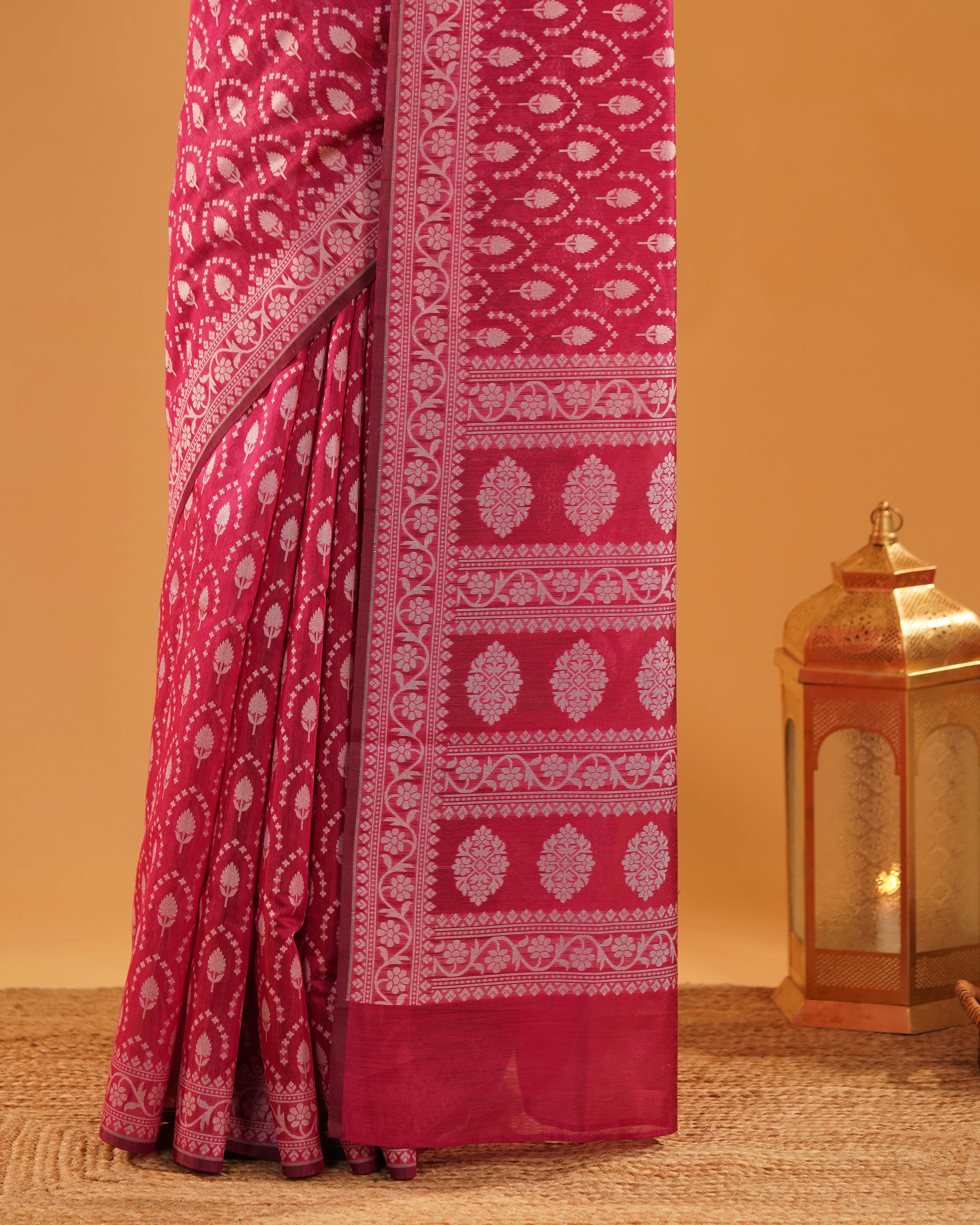 Gulnar – Banarasi Pure Cotton Saree in Rani Pink with Silver Resham Buti