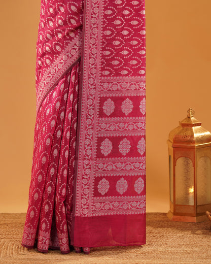 Gulnar – Banarasi Pure Cotton Saree in Rani Pink with Silver Resham Buti