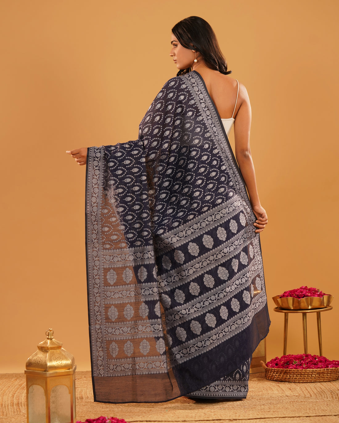 Shabnam – Banarasi Pure Cotton Saree in Indigo Navy with Silver Buti