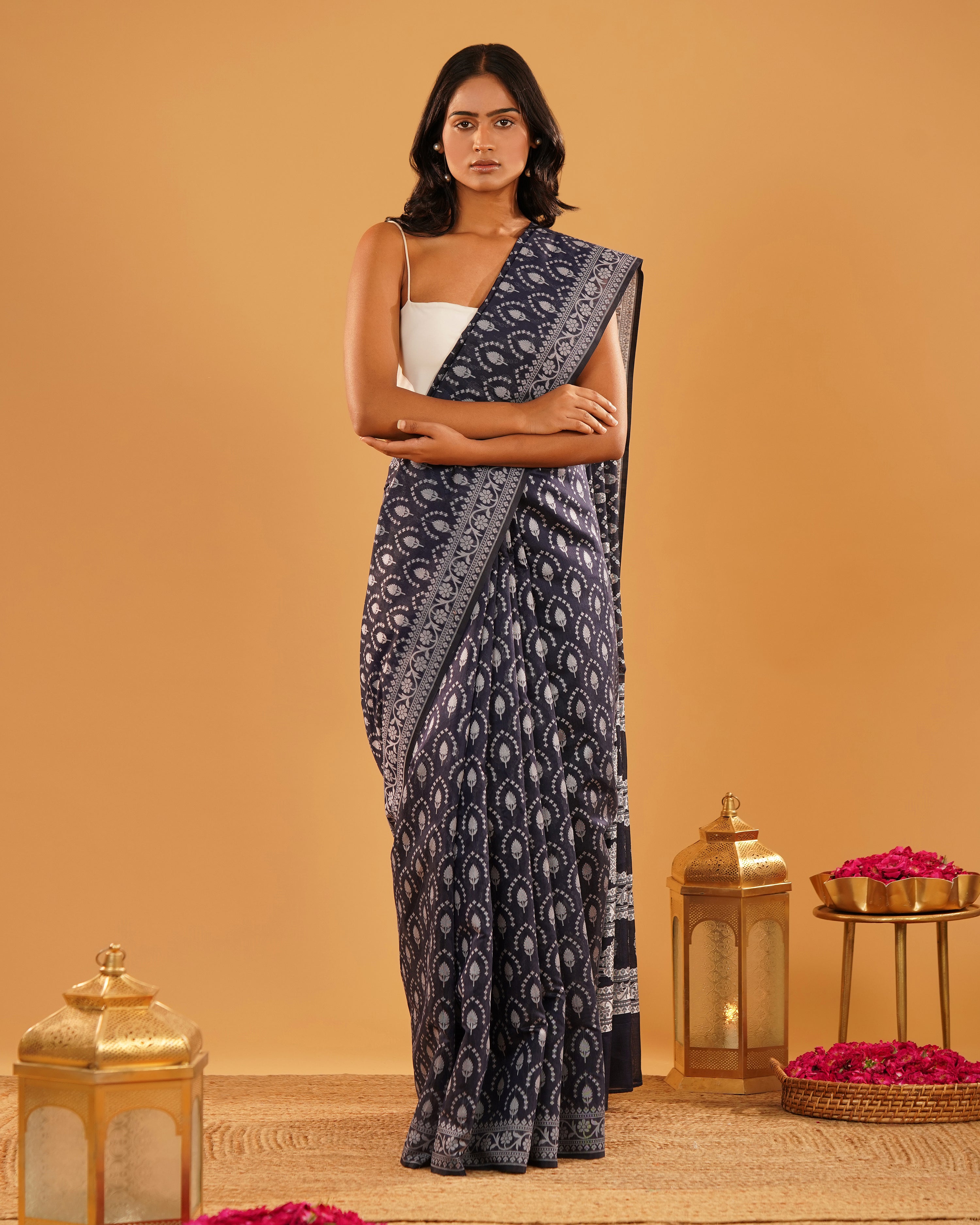 Shabnam – Banarasi Pure Cotton Saree in Indigo Navy with Silver Buti