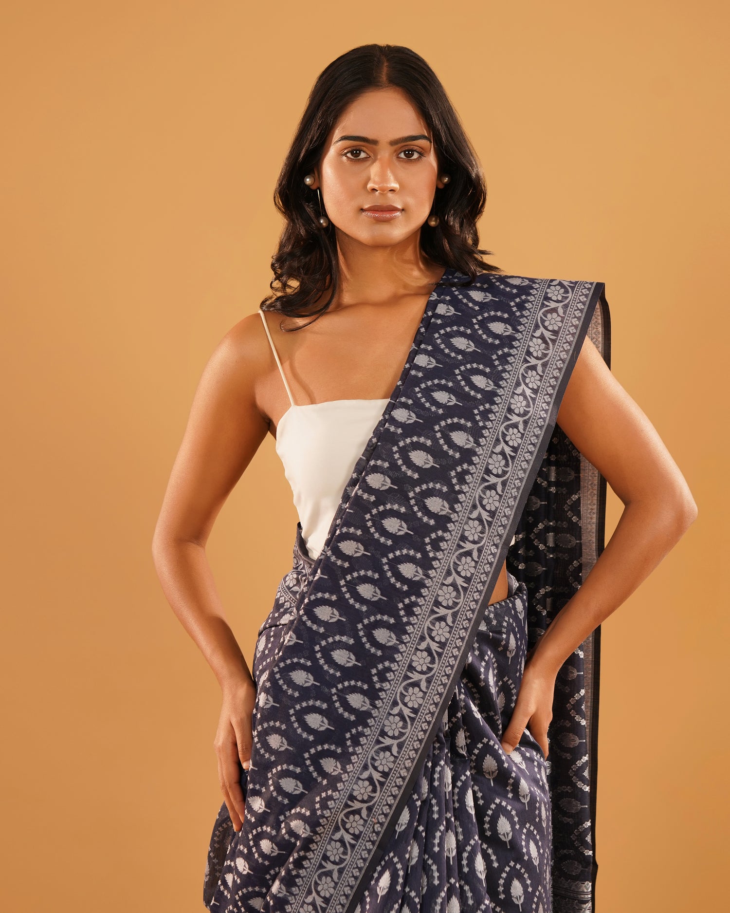 Shabnam – Banarasi Pure Cotton Saree in Indigo Navy with Silver Buti