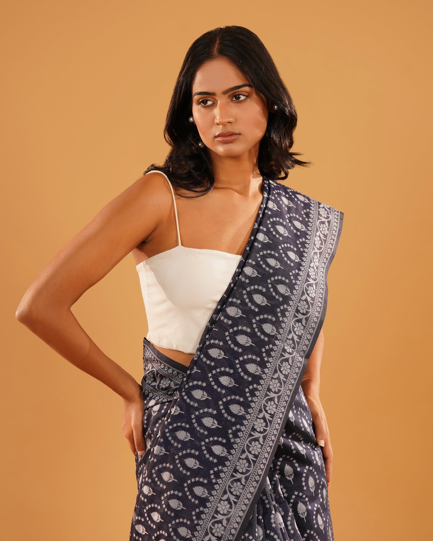 Shabnam – Banarasi Pure Cotton Saree in Indigo Navy with Silver Buti