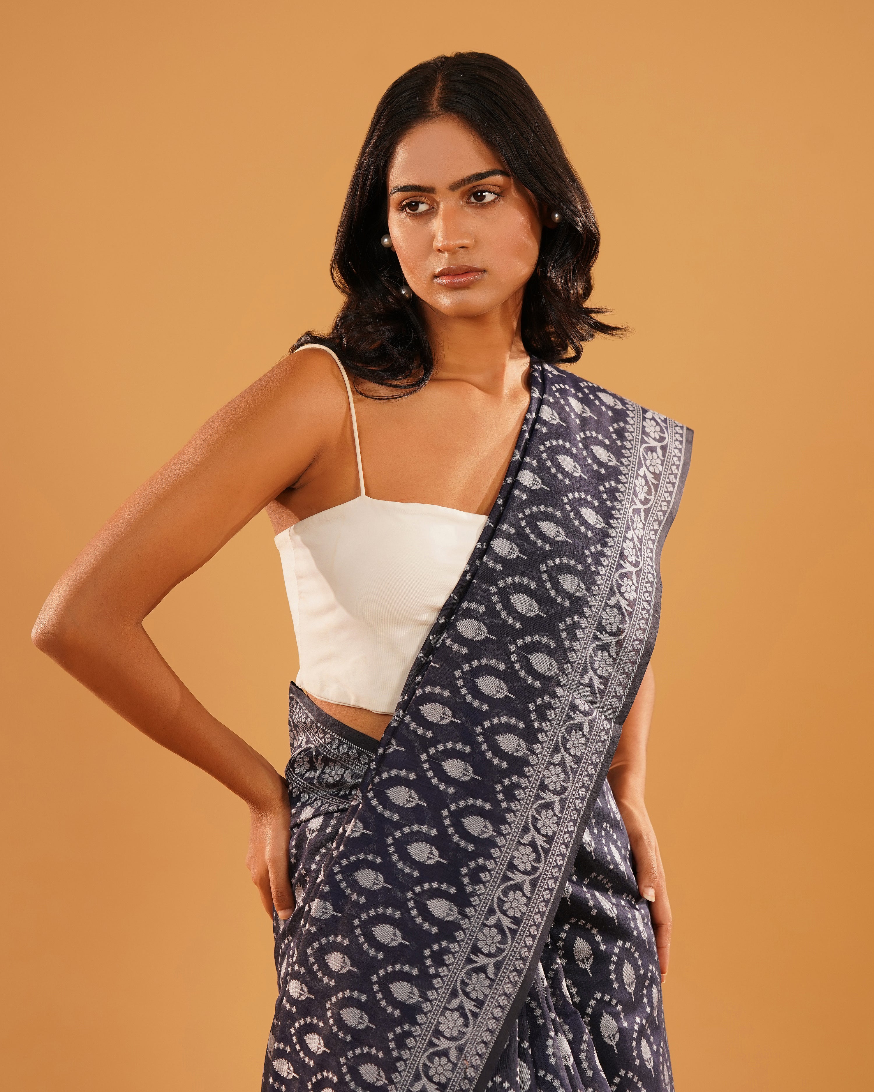 Shabnam – Banarasi Pure Cotton Saree in Indigo Navy with Silver Buti