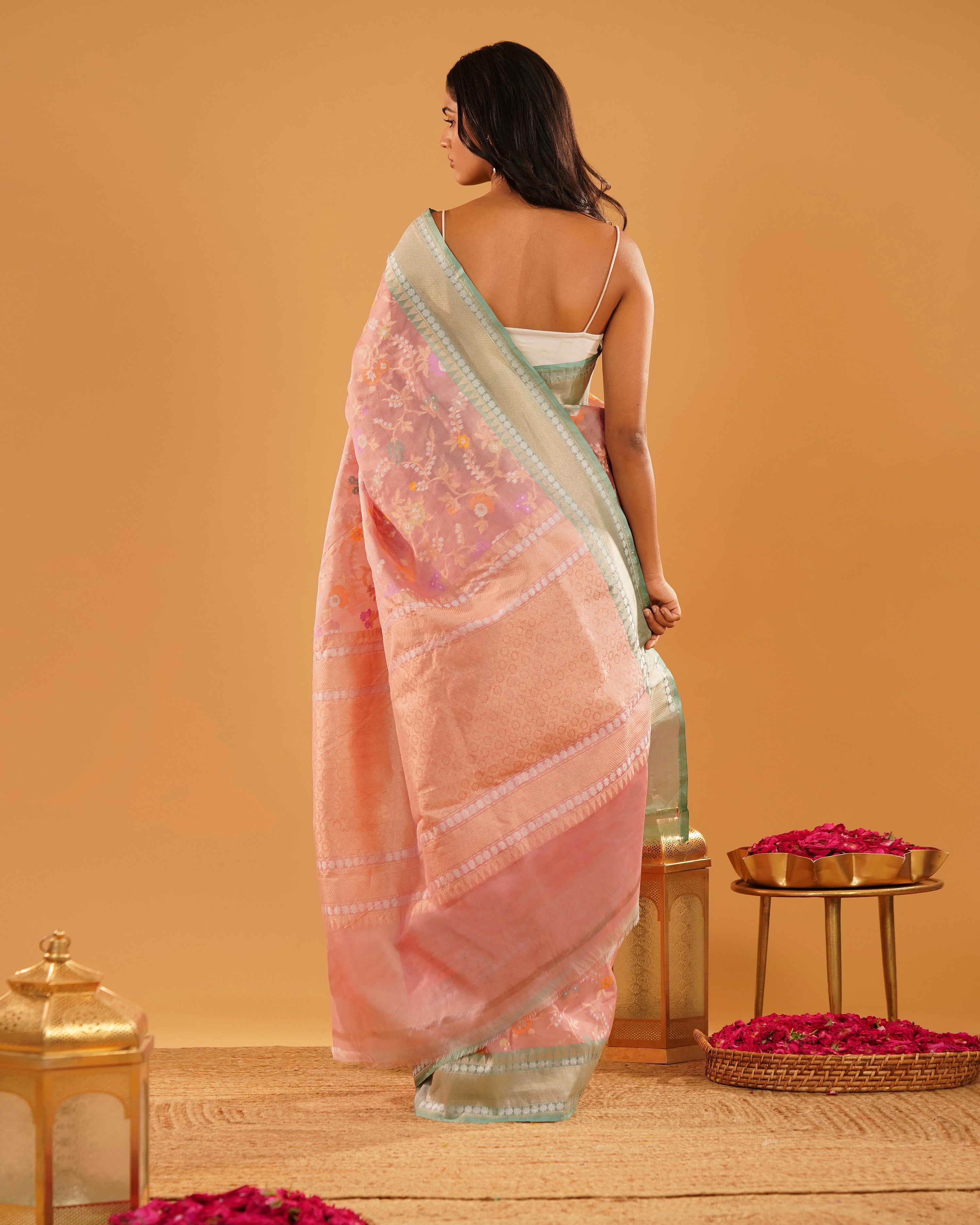 Gul-e-Sehra – Banarasi Kora Jamdani Saree in Blush Pink with Mint-Gold Border