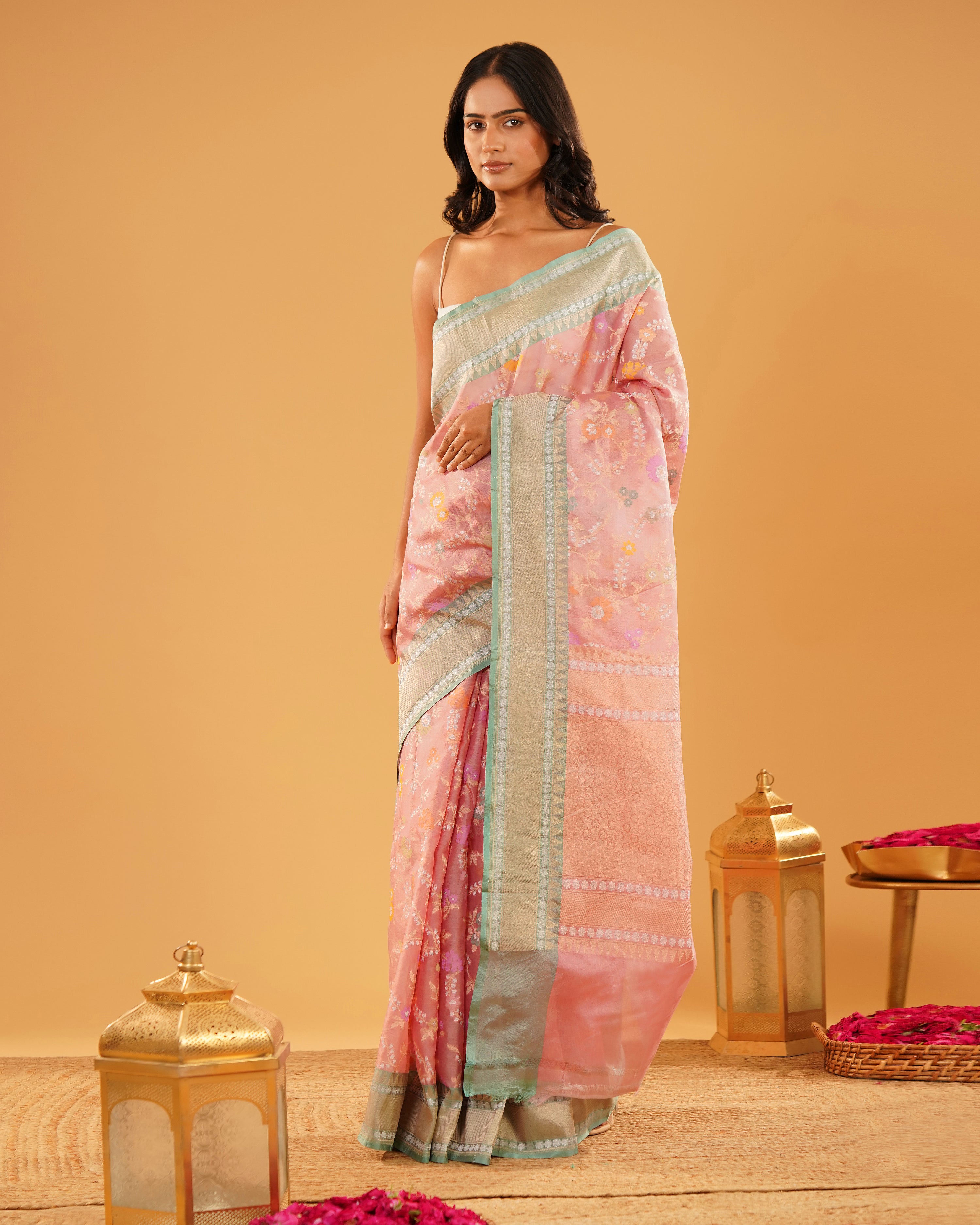Gul-e-Sehra – Banarasi Kora Jamdani Saree in Blush Pink with Mint-Gold Border