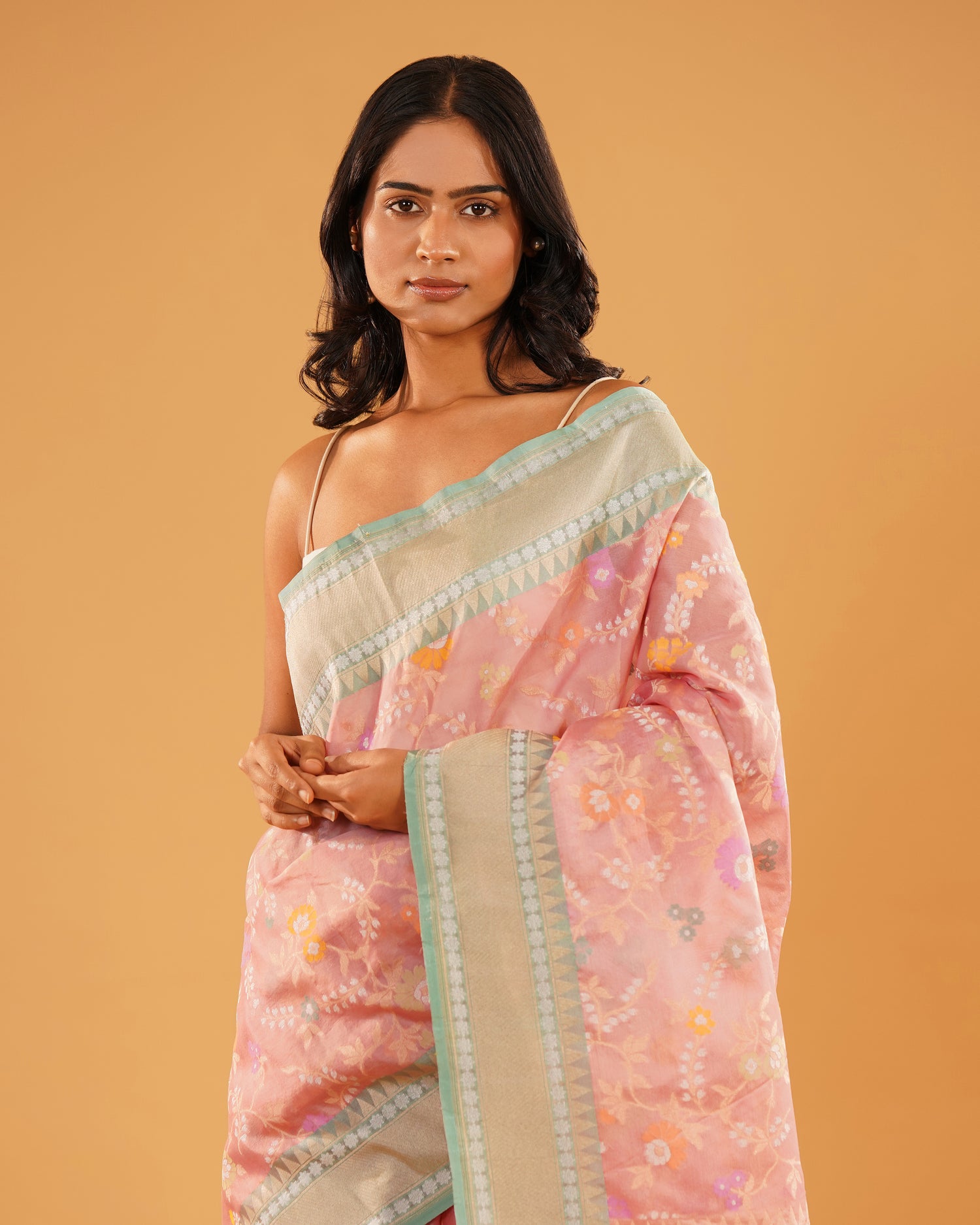 Gul-e-Sehra – Banarasi Kora Jamdani Saree in Blush Pink with Mint-Gold Border