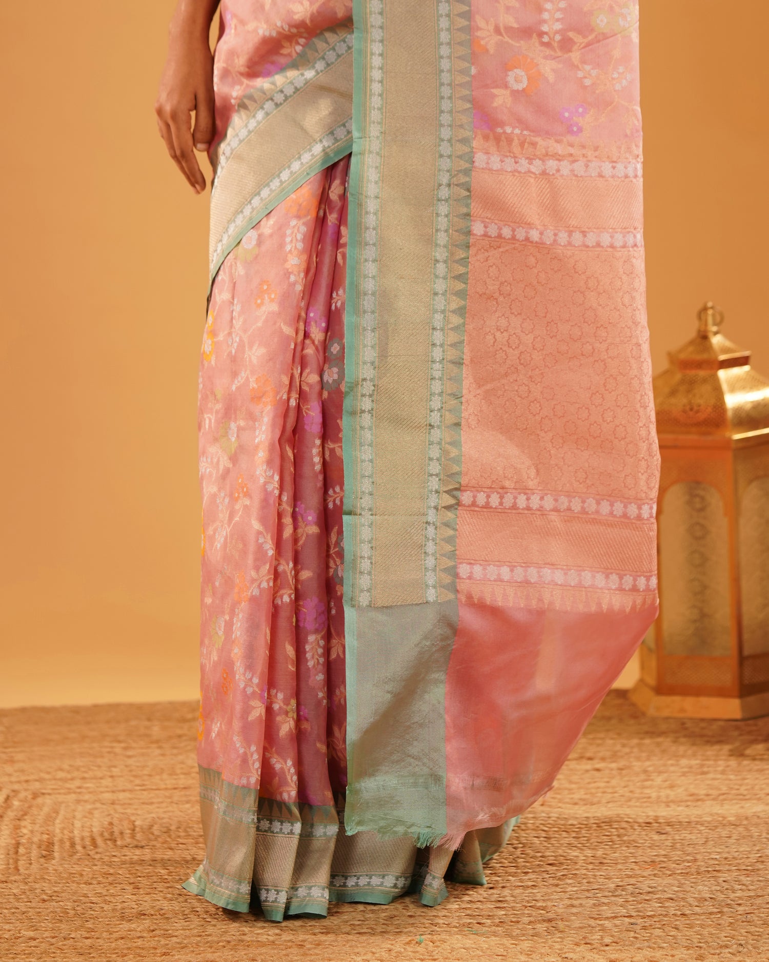 Gul-e-Sehra – Banarasi Kora Jamdani Saree in Blush Pink with Mint-Gold Border