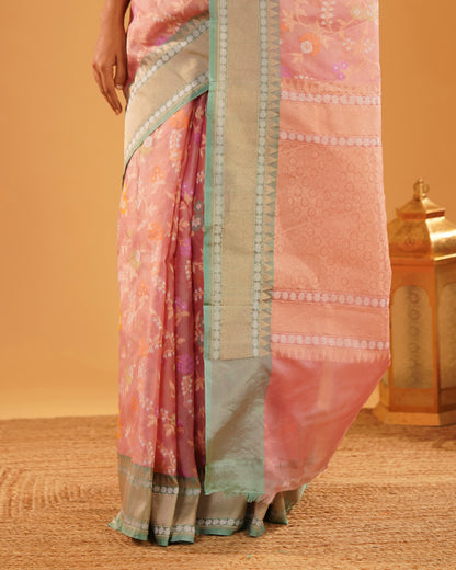 Gul-e-Sehra – Banarasi Kora Jamdani Saree in Blush Pink with Mint-Gold Border