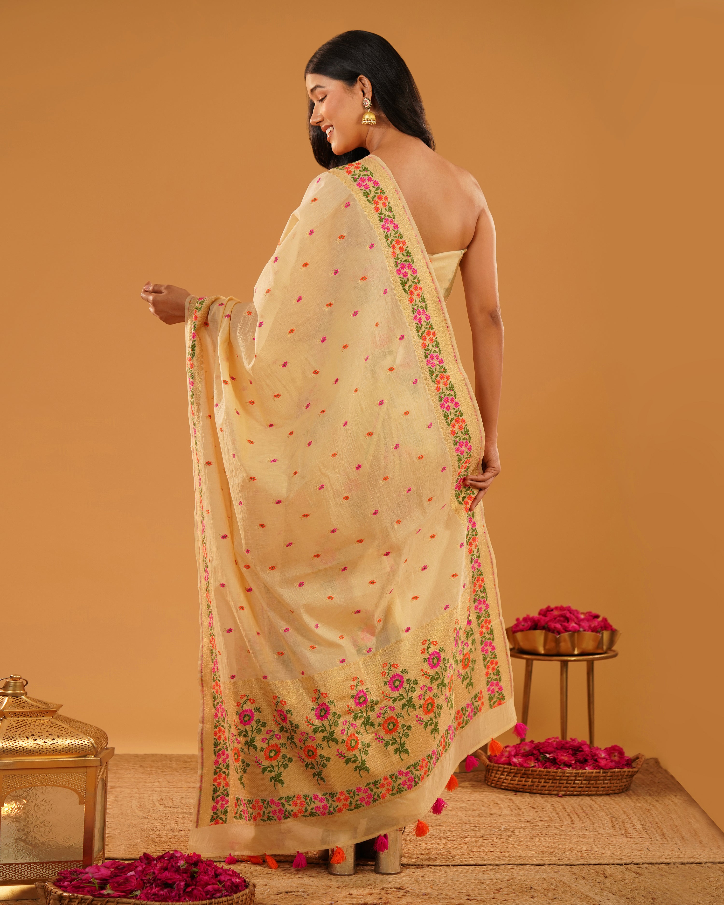 Bahaar – Banarasi Pure Cotton Suit Set in Cream with Meenakari Florals