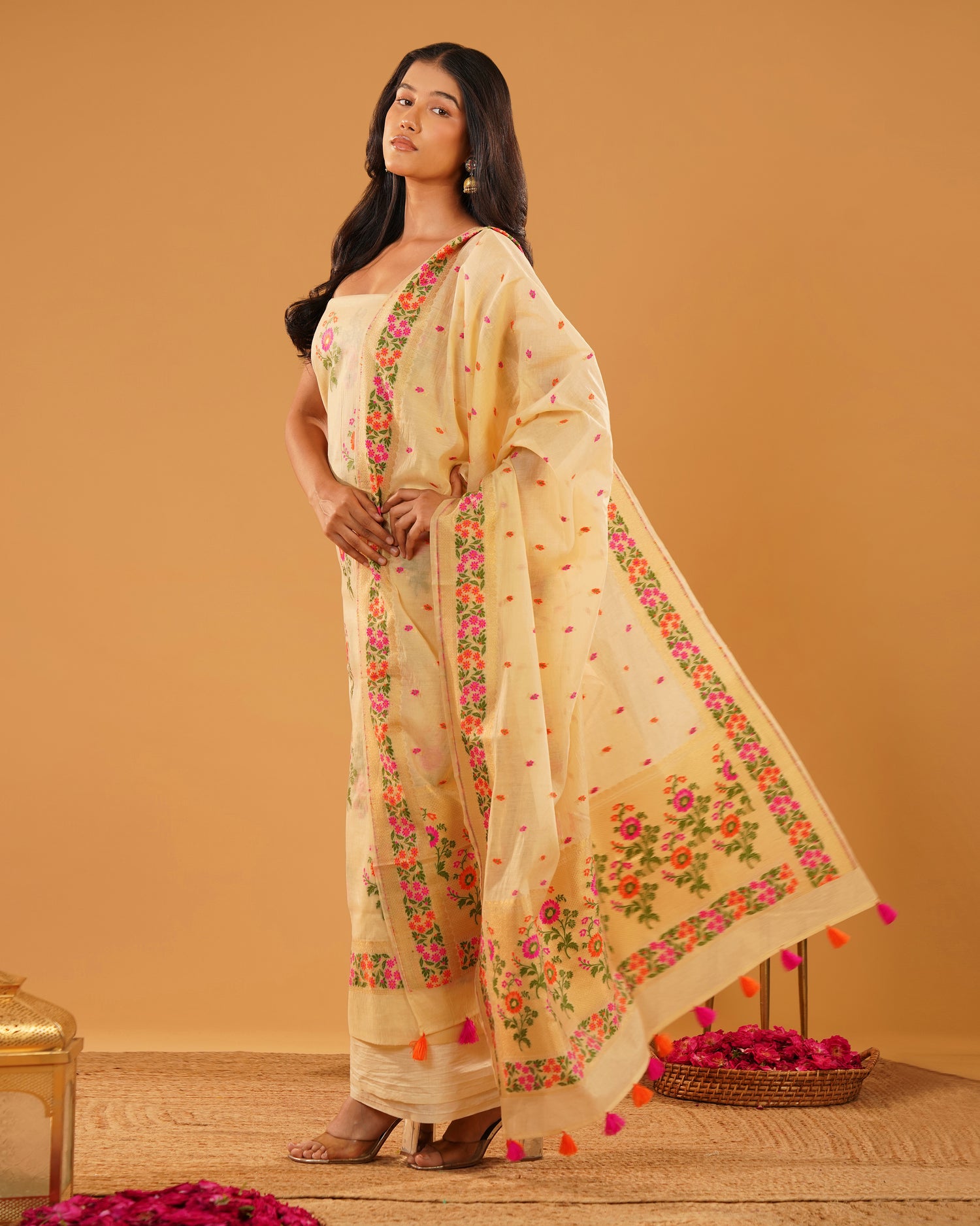 Bahaar – Banarasi Pure Cotton Suit Set in Cream with Meenakari Florals
