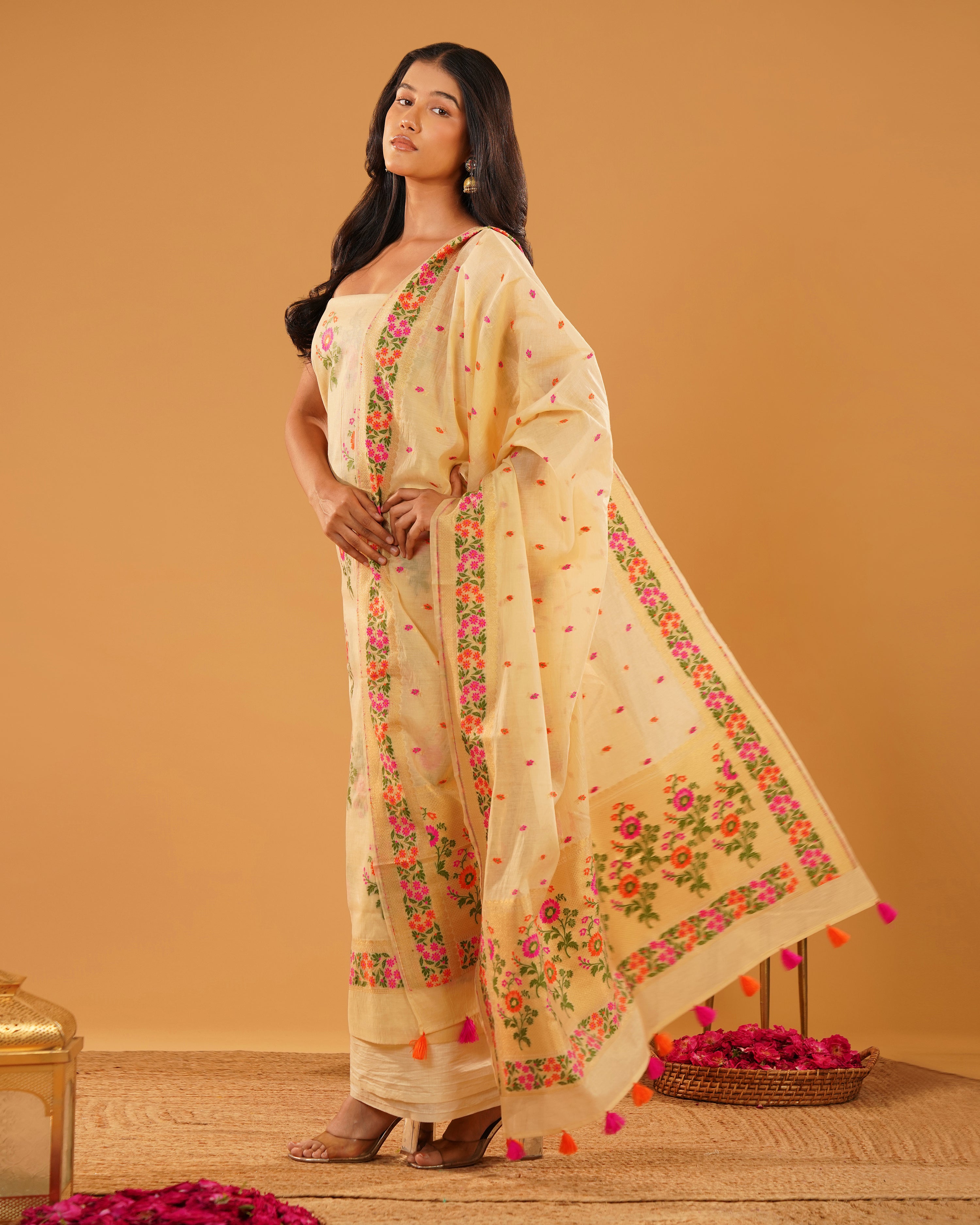 Bahaar – Banarasi Pure Cotton Suit Set in Cream with Meenakari Florals