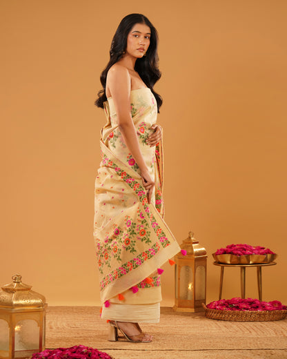 Bahaar – Banarasi Pure Cotton Suit Set in Cream with Meenakari Florals
