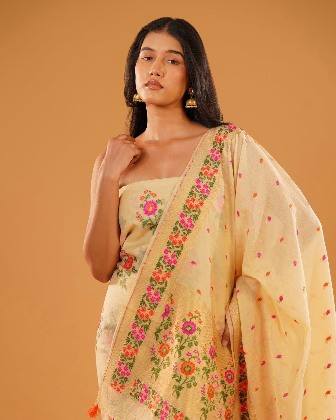 Bahaar – Banarasi Pure Cotton Suit Set in Cream with Meenakari Florals