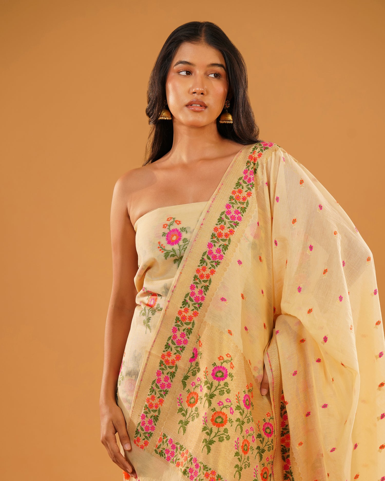 Bahaar – Banarasi Pure Cotton Suit Set in Cream with Meenakari Florals